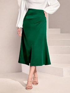 Jupe Midi en Satin Taille Haute pour Femmes Élégante avec Fente Latérale Jupe Sirène Longue pour Fête Bureau Couleur Unie