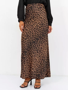 Elegante gonna lunga in raso a vita alta con stampa leopardata classica e finitura lucida