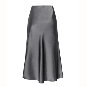 Detailed view of charcoal grey satin midi skirt texture and premium glossy finish