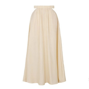 Detail of high waist cutout and elastic pleats on cream A-line cotton linen maxi skirt