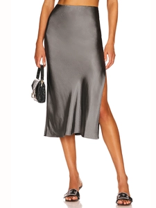 Close-up detail of dark grey satin midi skirt featuring a side slit and silky texture