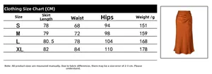 Detailed size guide for high waist satin midi skirt with measurements in cm and grams