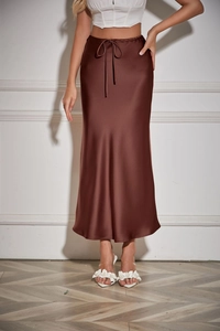 Elegant brown satin maxi skirt featuring a high-waisted drawstring and silky drape finish