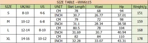 Detailed size chart for satin high waist skirt with measurements in cm and inches
