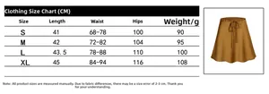 Size chart detail for women's satin mini skirt showing length, waist and hip measurements