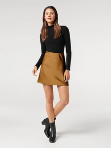 Golden satin mini skirt with elastic high waist and smooth metallic texture finish