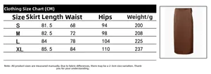 Detailed size chart for high waist satin skirt showing length, waist, and hip measurements
