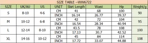 Size chart for satin drawstring mini skirt with waist and hip measurements in cm and inches