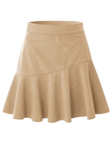 Khaki high waist corduroy A-line skirt with asymmetric ruffled hem and textured ribs