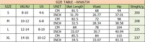 Size chart for high waisted satin skirt with length, waist, and hip measurements