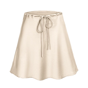 Detail of champagne satin skirt fabric with elastic waistband and drawstring tie