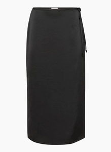 Detail of black high-waisted satin midi skirt with side tie knot and silky texture