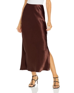 Detail of high waist satin maxi skirt in dark brown with side slit and silk finish