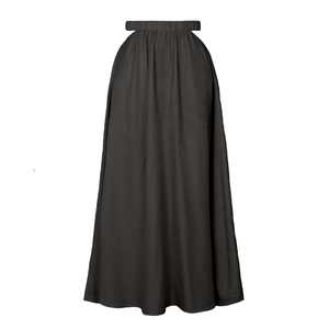 Detail of high waisted black maxi skirt with side cut-out and elastic pleated waist