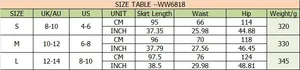 Detailed size chart for high waist cotton midi skirt with pockets and split hem design