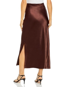 Detail of dark brown satin midi skirt with side slit and smooth silk-like texture