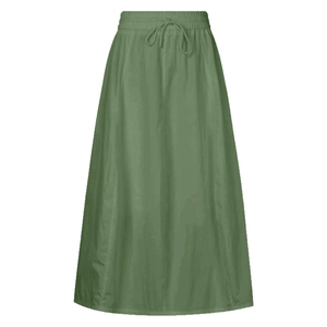 Close-up detail of high waist elastic waistband and drawstring on olive maxi skirt