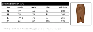 Detailed size chart for high waist PU leather split midi skirt in caramel brown color
