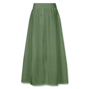 Detail of high waist elastic pleated waistband on grass green cotton linen maxi skirt