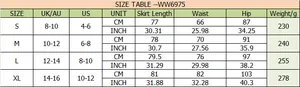 Detailed size guide table for women high waist PU leather skirt showing S to XL measurements