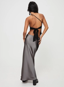 Detail view of high waist satin maxi skirt back with silk texture and drawstring ties