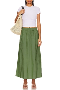 Detail of high waist drawstring elastic waistband on grass green cotton maxi skirt