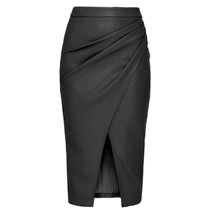 Detail of high waist black PU leather midi skirt featuring side draping and front slit