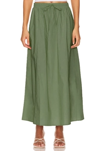 Detail of high waist olive green cotton skirt with adjustable drawstring and split hem
