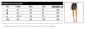Size chart for high waist PU leather mini skirt with length, waist, hip, and weight info