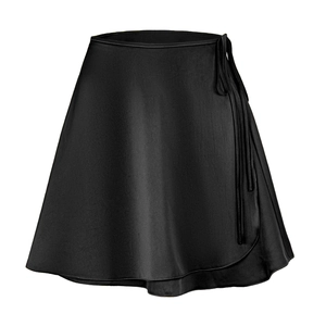 Detail view of the black satin wrap skirt featuring a high-waisted tie and smooth texture