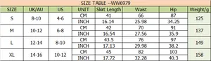 Detailed size chart for high waist PU leather mini skirt with UK and US measurements
