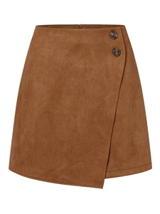 Women's dark brown faux suede wrap mini skirt with high waist and decorative buttons