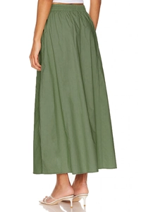 Detailed side view of high-waist olive green cotton maxi skirt with elastic waistband