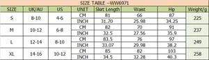 Tableau des tailles détaillé pour jupe crayon fendue en PU à taille haute, mesures US/UK