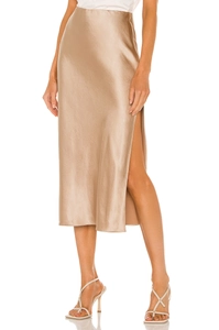 Elegant high waist champagne satin midi skirt with side slit and glossy finish