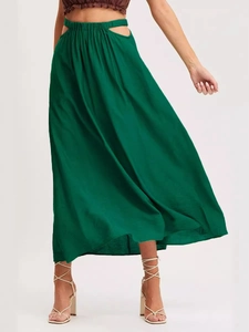 Women High Waist Cutout Maxi Skirt Elastic Waist Solid Color Loose A-Line Cotton Blend Casual Vacation Fashion Skirt