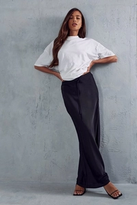 Detail of high waist black satin long skirt with drawstring tie and silky texture finish