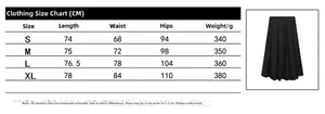Detailed size chart for high-waisted pleated midi skirt with length and waist measurements
