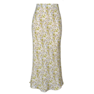 Detailed macro view of the premium satin fabric with green and yellow floral patterns