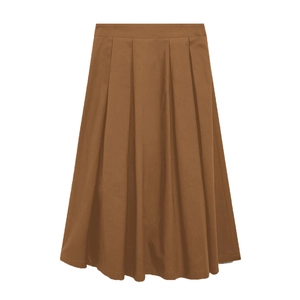 Detail shot of brown pleated high-waisted midi skirt with uniform folds on matte fabric