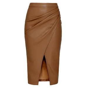 Detail of high waist brown PU leather skirt featuring ruching and front slit design