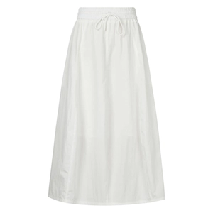 Detail of high waisted white cotton maxi skirt with elastic drawstring waist and pocket