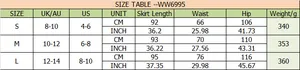 Guide des tailles détaillé pour jupe longue en coton avec mesures de taille et de longueur