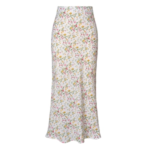Detail of high waist floral satin midi skirt with vibrant pink and yellow flowers