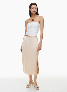 Detail of high waist satin midi skirt with side slit and waist tie for women
