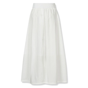 Detail of white cotton A-line maxi skirt with elastic high waist and pocket texture