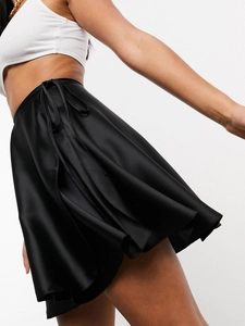 Elegant black satin wrap mini skirt with high waist side tie and a-line silhouette