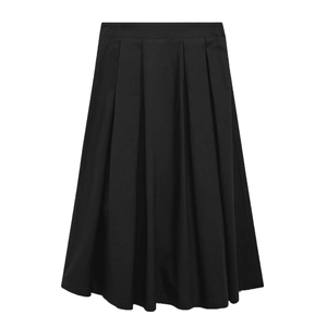 Detailed view of high-waist pleated black midi skirt with A-line silhouette and flat lay design