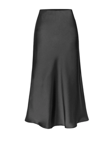 Elegant black acetate satin midi skirt with high waist and split design in silk-like finish