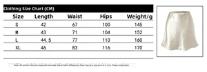 Size chart for women's satin mini skirt with length, waist, and hip measurements